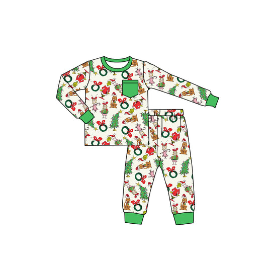 presale BLP1244  Baby Boys Green Faces Gifts Trees Top Pant Christmas Pajamas Set D 830
