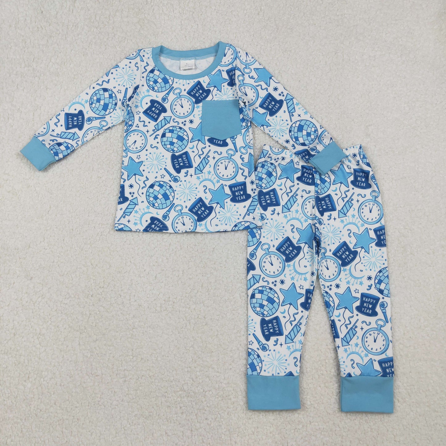 BLP1259 Baby Boys Light Blue Pocket Happy New Year Top Pant Pajamas Set  D 1023