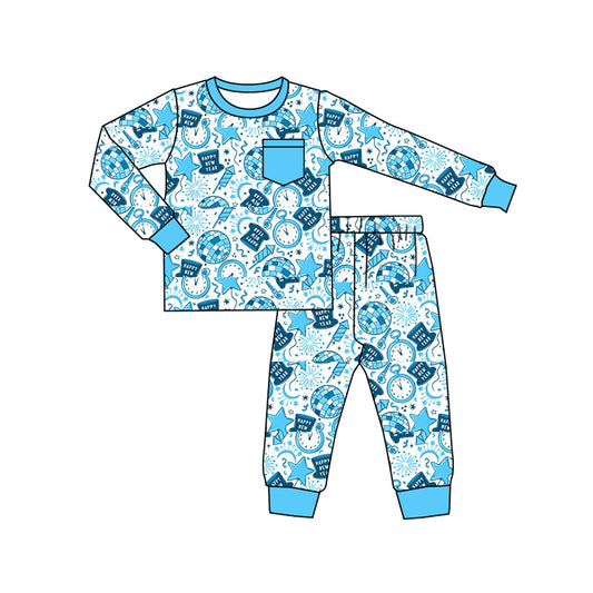 presale BLP1259 Baby Boys Light Blue Pocket Happy New Year Top Pant Pajamas Set  D 903