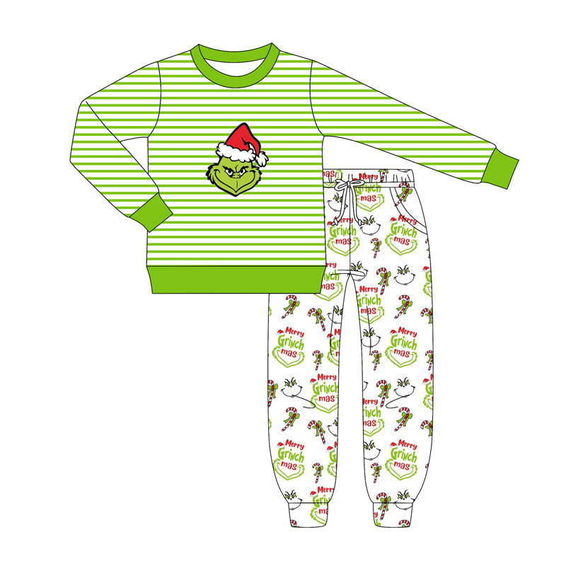 presale BLP1262 Baby Boys Green Face Stripe Top Pockets Jogger Pant Christmas Set D 905
