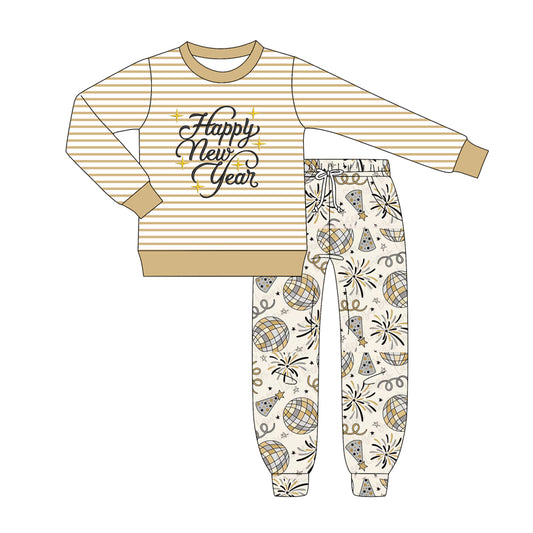 presale  BLP1263  Baby Boys Khaki Stripe Happy New Year Top Pockets Jogger Pant Set   D 905