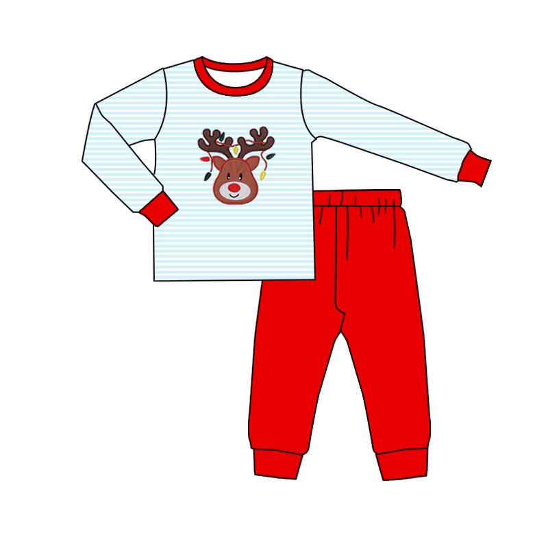 presale BLP1275 Baby Boys Blue Stripe Deer Lights Top Pants Christmas Clothes Sets D 909