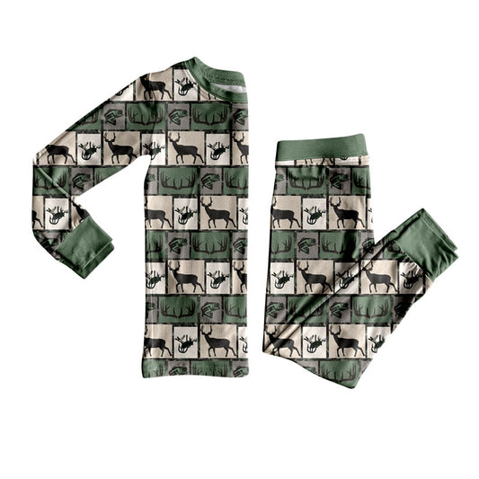 presale BLP1276 Baby Boys Green Deer Fishes Checked Western Hunting Pajamas Sets D 909