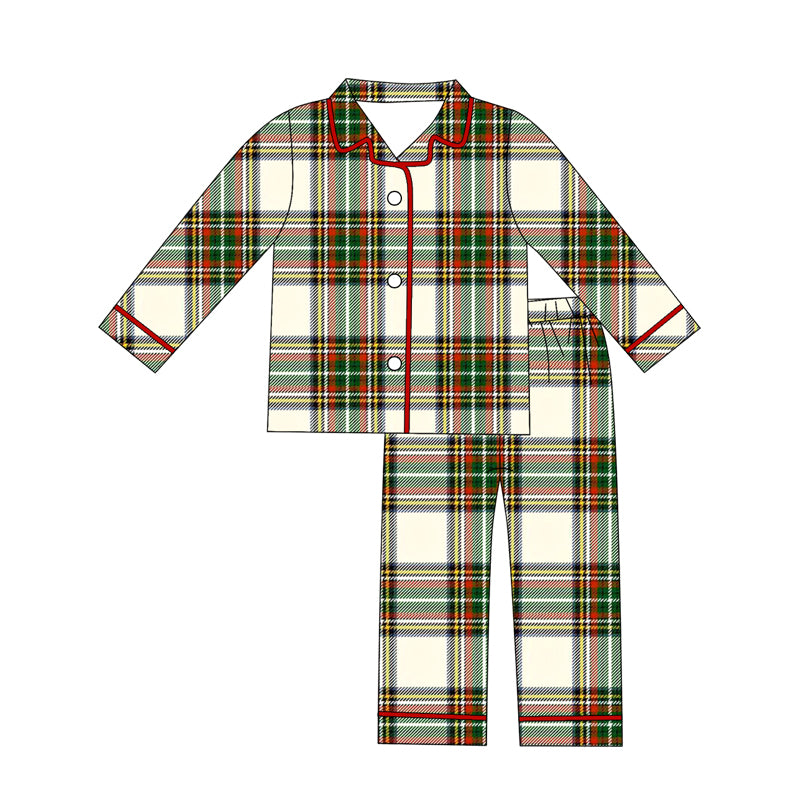 BLP1277 Adult Men Green Red Checked Button Top Pant Christmas Pajamas Sets  D 1111