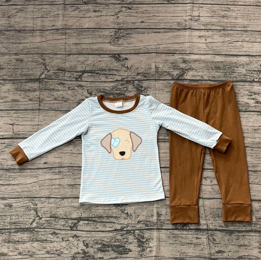 presale BLP1283 Baby Boys Blue Stripe Heart Dog Top Legging Pants Valentine Clothes Sets D 1202