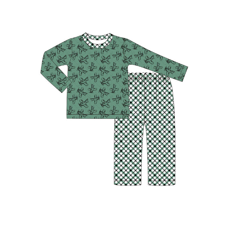 presale BLP1291 Baby Boys Log Sleeve Green Planes Top Checked Pants Clothes Sets  D 912
