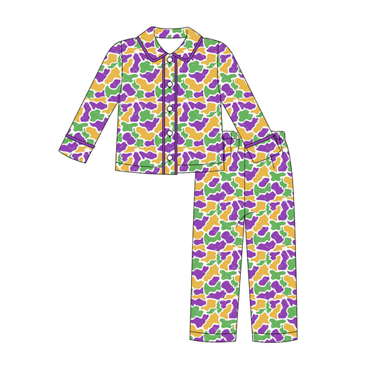 presale BLP1292 Baby Boys Green Yellow Purple Camo Button Top Pants Mardigras Pajamas Sets  D 912