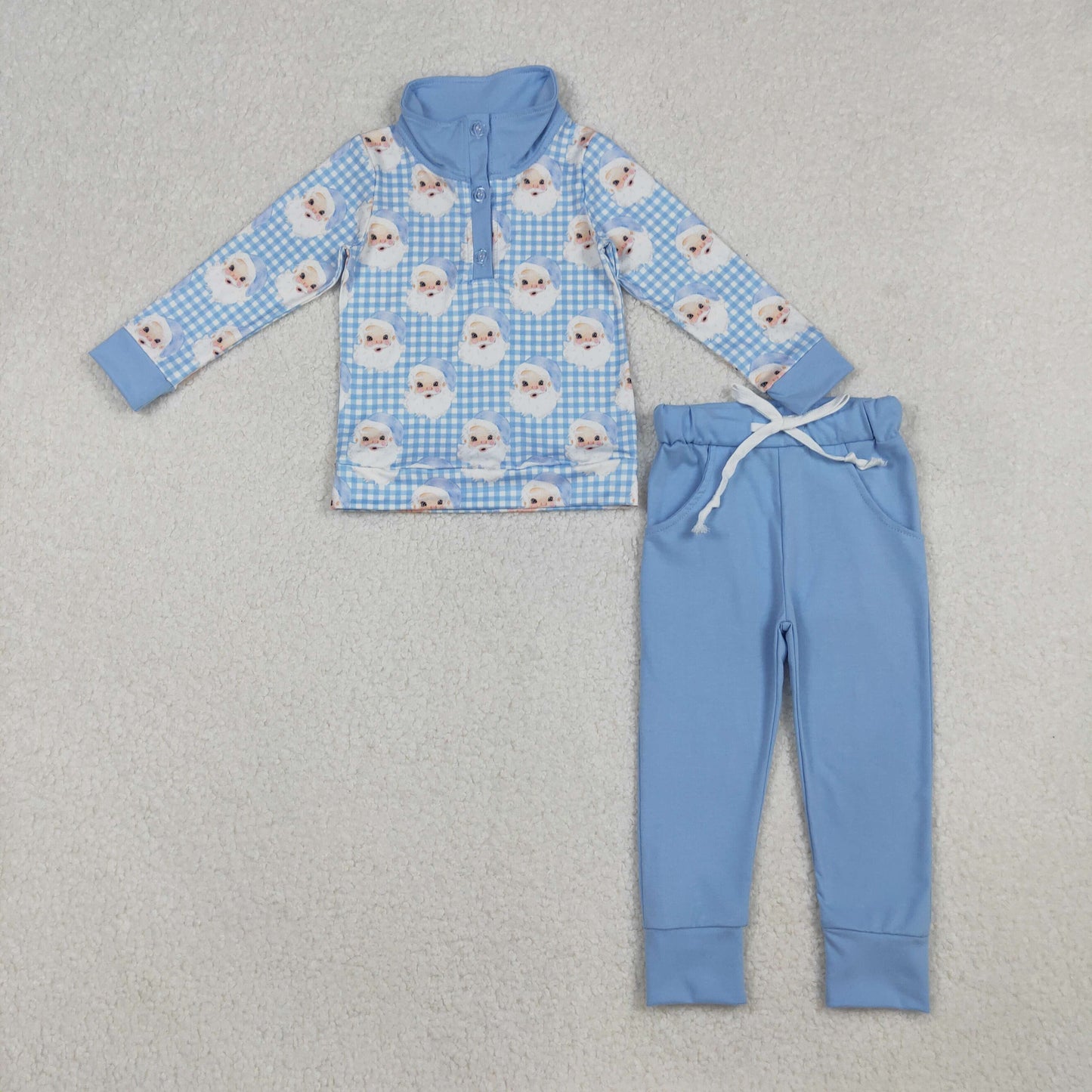 BLP1295 Baby Boys Blue Checked Santa Button Top Pockets Pants Christmas Clothes Sets