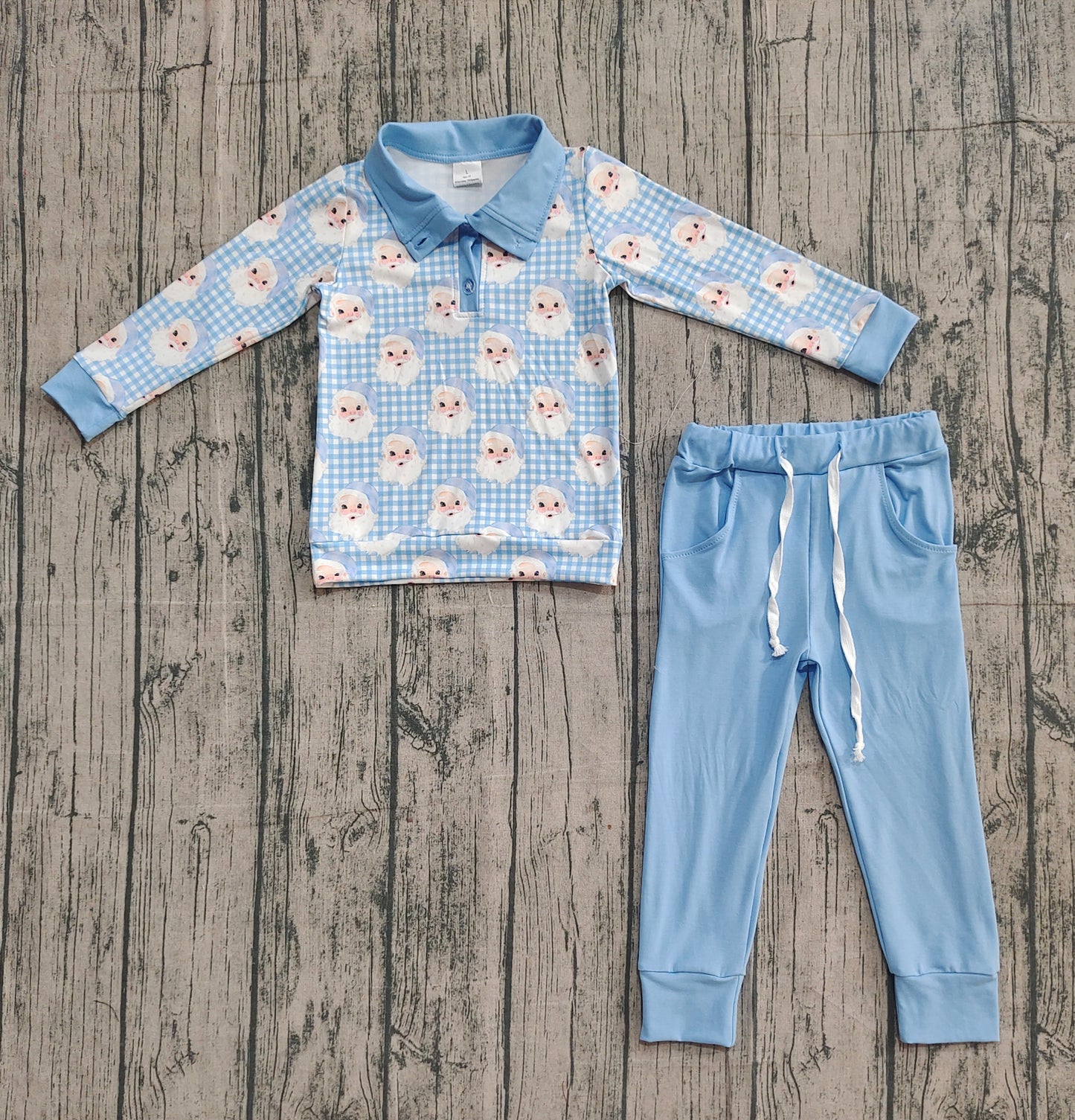 BLP1295 Baby Boys Blue Checked Santa Button Top Pockets Pants Christmas Clothes Sets  D 918
