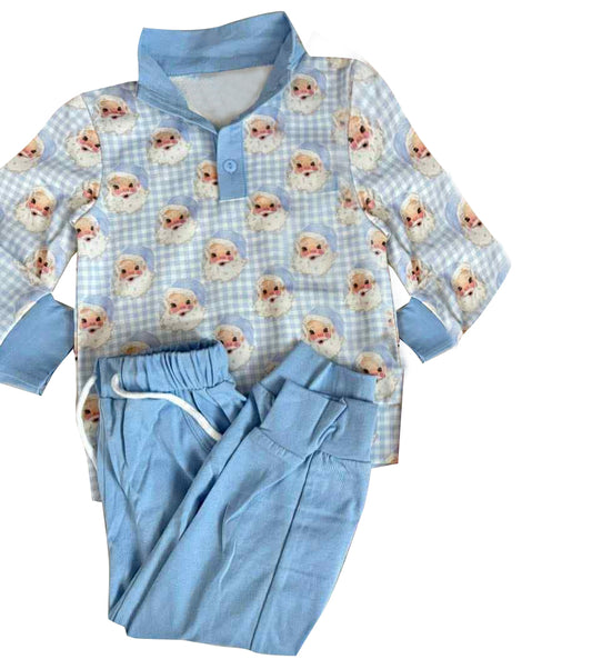 presale BLP1295 Baby Boys Blue Checked Santa Button Top Pockets Pants Christmas Clothes Sets  D 918