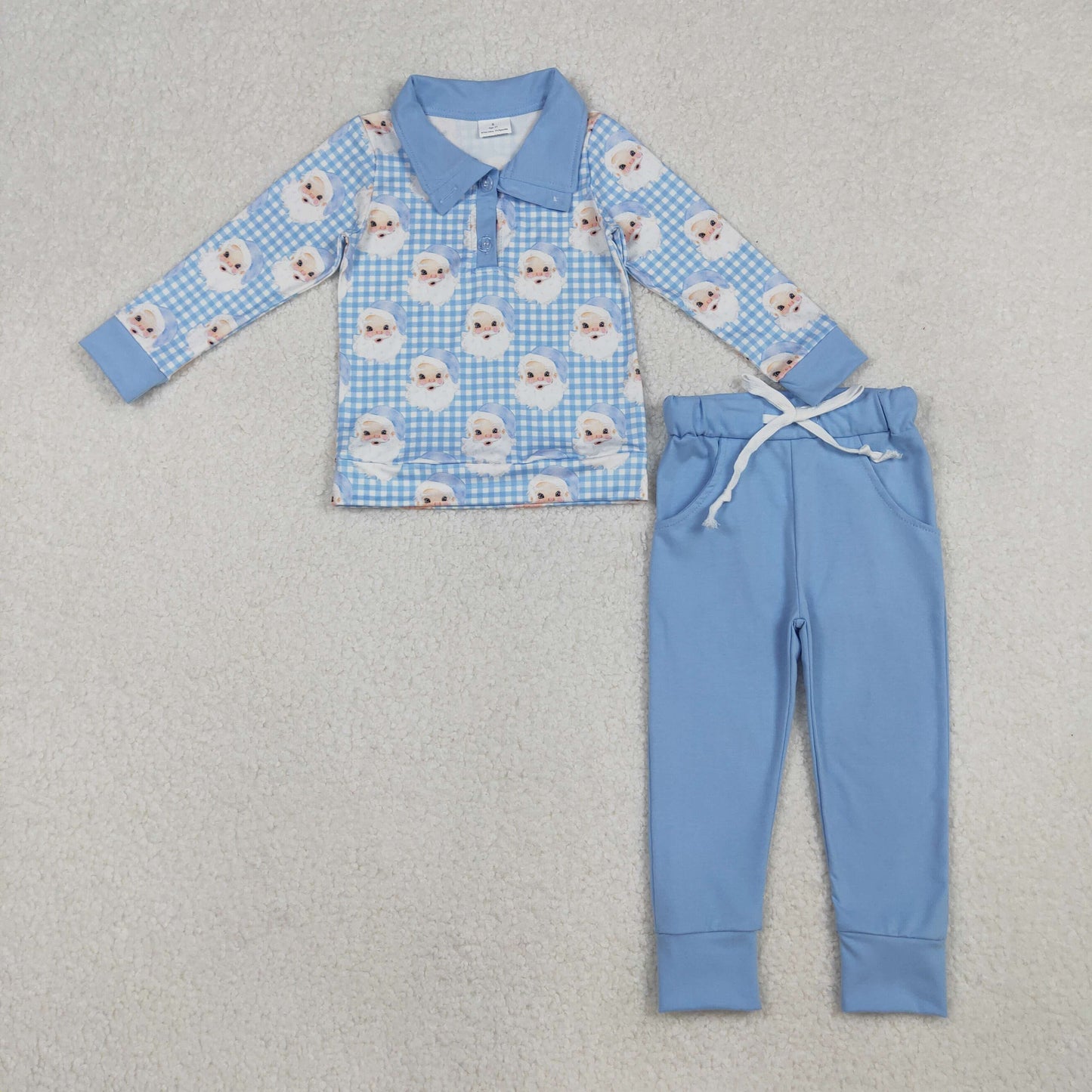 BLP1295 Baby Boys Blue Checked Santa Button Top Pockets Pants Christmas Clothes Sets
