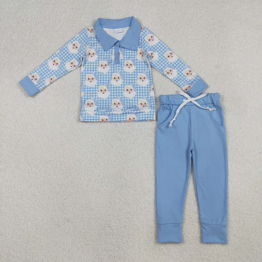 BLP1295 Baby Boys Blue Checked Santa Button Top Pockets Pants Christmas Clothes Sets