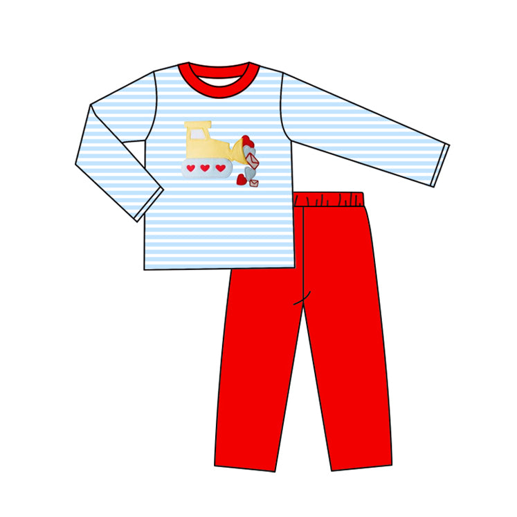 presale BLP1302  Baby Boys Hearts Excavator Blue Stripe Top Pants Valentine Clothes Sets  D 923