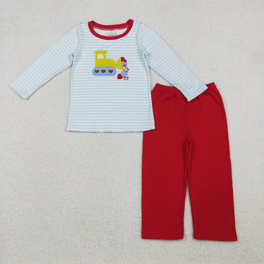 BLP1302 Embroidery Hearts Excavator Baby Boys Stripe Top Pants Valentine Clothes Sets D 1108