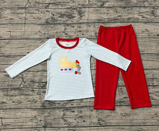 presale BLP1302 Baby Boys Hearts Excavator Blue Stripe Top Pants Valentine Clothes Sets D 923