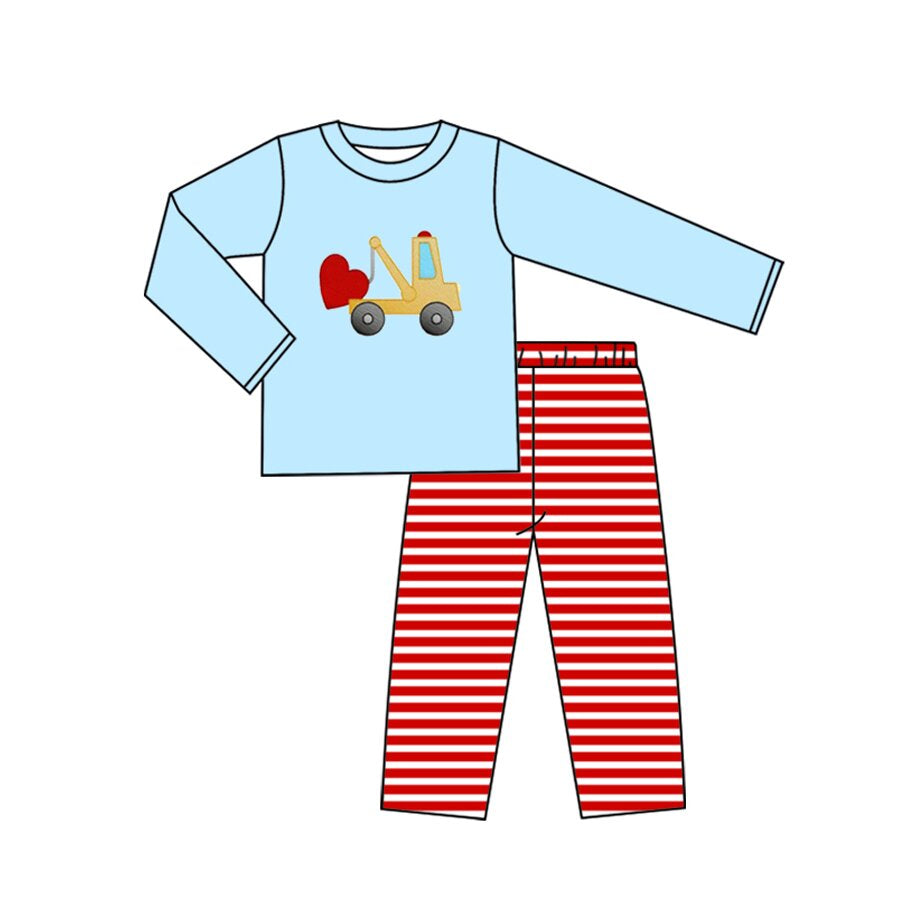 presale BLP1303 Baby Boys Hearts Excavator Top Stripe Pants Valentine Clothes Sets  D 924