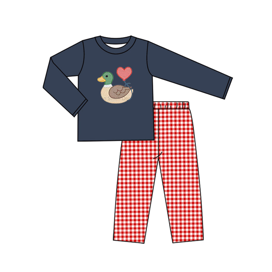 BLP1304 Baby Boys Hearts Ducks Top Checked Pants Valentine Clothes Sets  D 1028