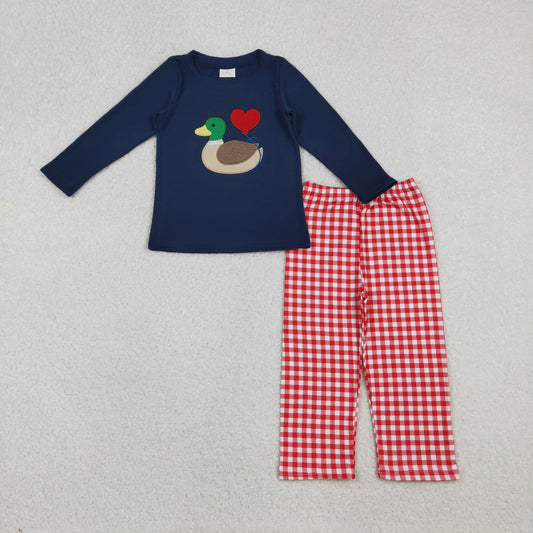 BLP1304 Baby Boys Hearts Ducks Top Checked Pants Valentine Clothes Sets D 1028