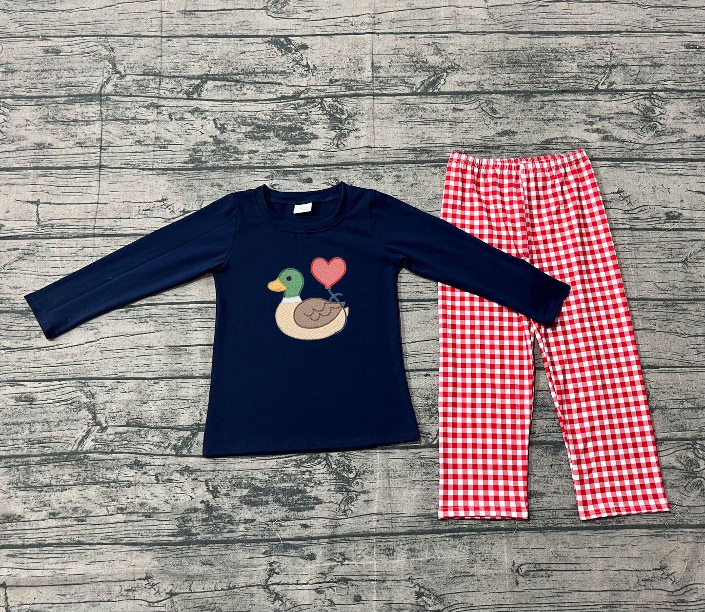 BLP1304 Baby Boys Hearts Ducks Top Checked Pants Valentine Clothes Sets  D 1028