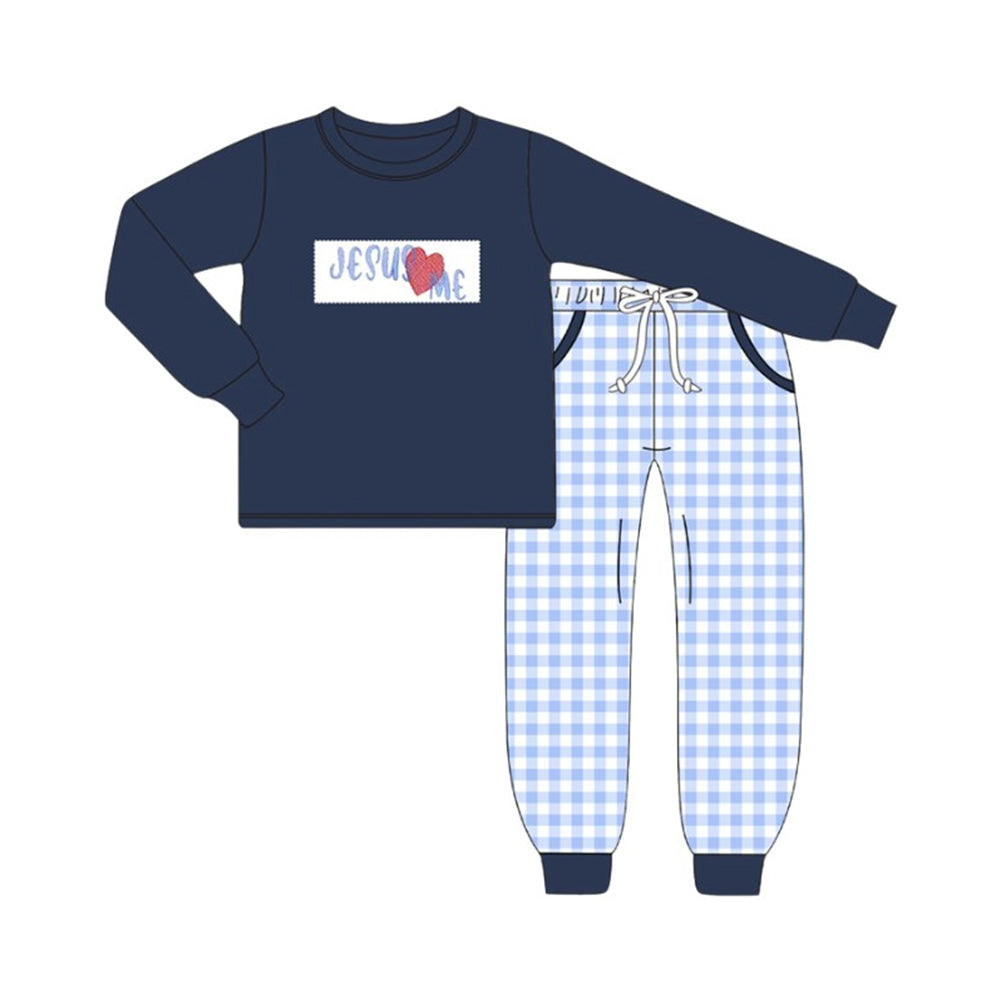 presale BLP1313  Baby Boys Jesus Love Me Top Checked Pockets Pants Clothes Sets D 1001