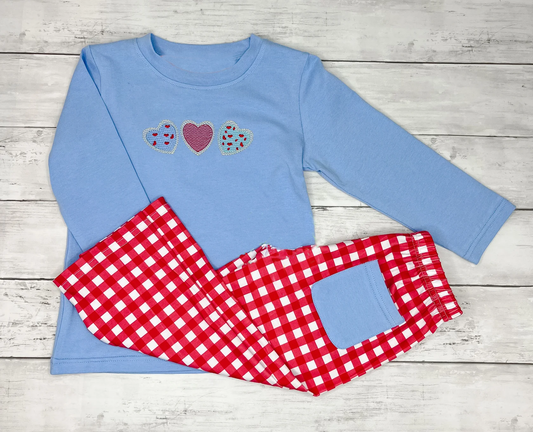 presale BLP1314 Baby Boys Hearts Top Red Checked Pockets Pant Valentine Clothes Sets D 1007