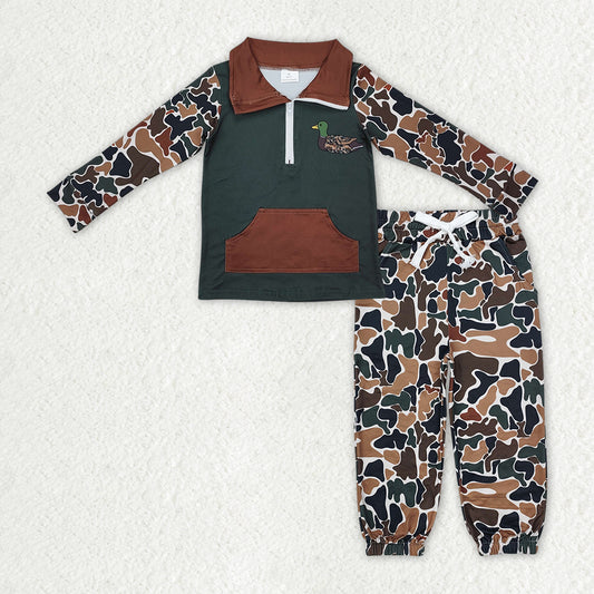 BLP1324 Embroidery Duck Baby Boys Dark Brown Camo Pocket Zipper Pullover Jogger Clothes Set D 1016