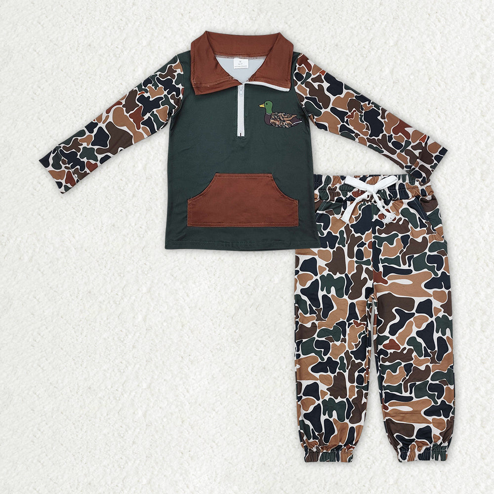 Sibling Baby Boys Camo Embroidery Mama's Boy Ducks Dogs Zipper Pullover Pockets Jogger Hunting Clothes Set   D 1016