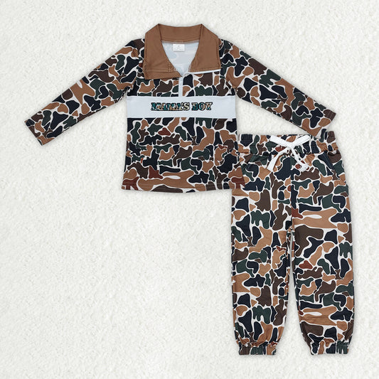 BLP1325  Embroidery Mama's Boy Baby Boys Dark Brown Camo Zipper Pullover Pockets Jogger Clothes Set  D 1016
