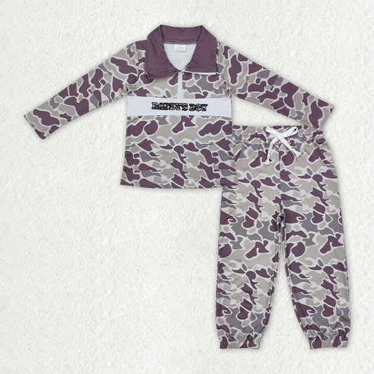 BLP1327 Embroidery Mama's Boy Baby Boys Grey Camo Zipper Pullover Pockets Jogger Clothes Set  D 1016