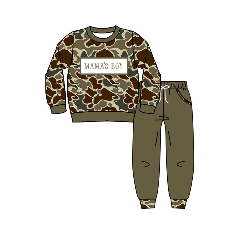 BLP1330 Embroidery Mama's Boy Baby Boys Dark Khaki Camo Top Pockets Jogger Pants Clothes Sets  D 1014