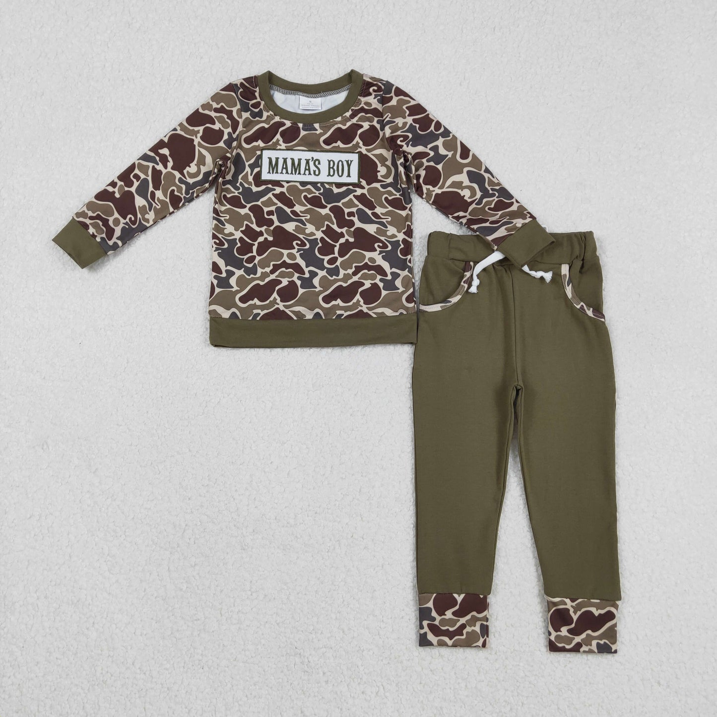 BLP1330 Embroidery Mama's Boy Baby Boys Dark Khaki Camo Top Pockets Jogger Pants Clothes Sets  D 1014