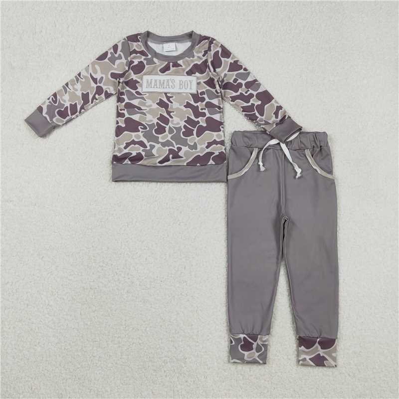 Match Baby Boys Embroidery Mama's Boy Grey Camo Pockets Pants Clothes Sets Hoodie Romper  D 1210