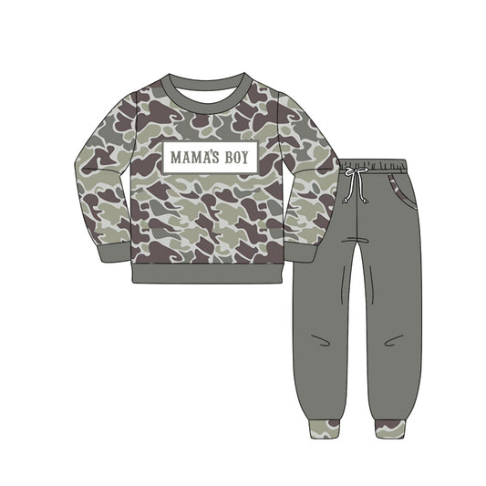 presale BLP1333  Baby Boys Grey Camo Mama's Boy Top Pockets Jogger Pants Clothes Sets  D 1016