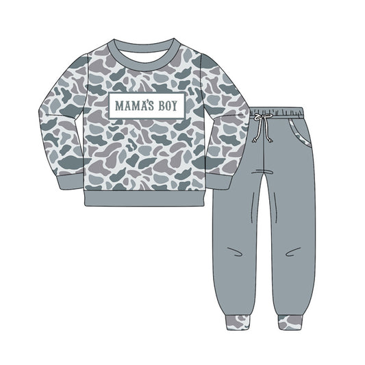 presale BLP1335 Baby Boys Grey Camo Mama's Boy Top Pockets Jogger Pants Clothes Sets D 1016