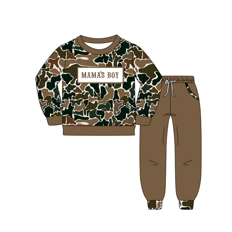 BLP1337 Embroidery Mama's Boy Baby Boys Dark Brown Camo Pockets Jogger Clothes Sets D 1206