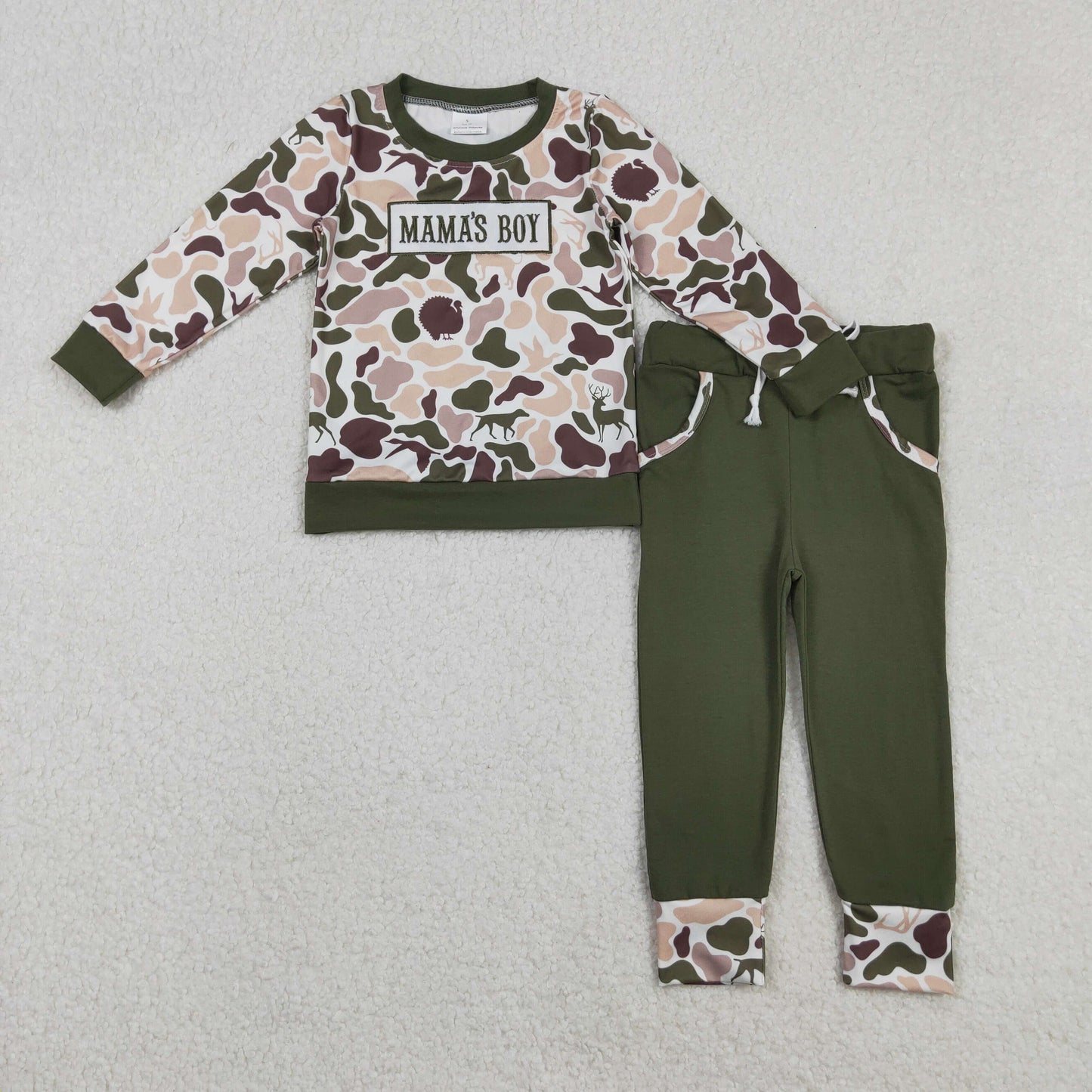 BLP1338 Baby Boys Deer Ducks Camo Mama's Boy Top Pockets Jogger Pants Clothes Sets D 1017