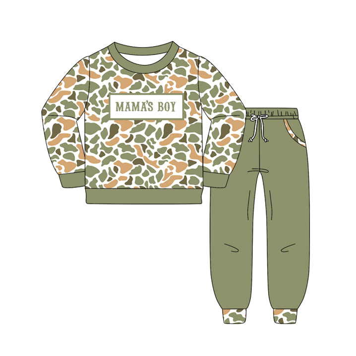 presale BLP1339 Baby Boys Green Orange Camo Mama's Boy Top Pockets Jogger Pants Clothes Sets  D 1017