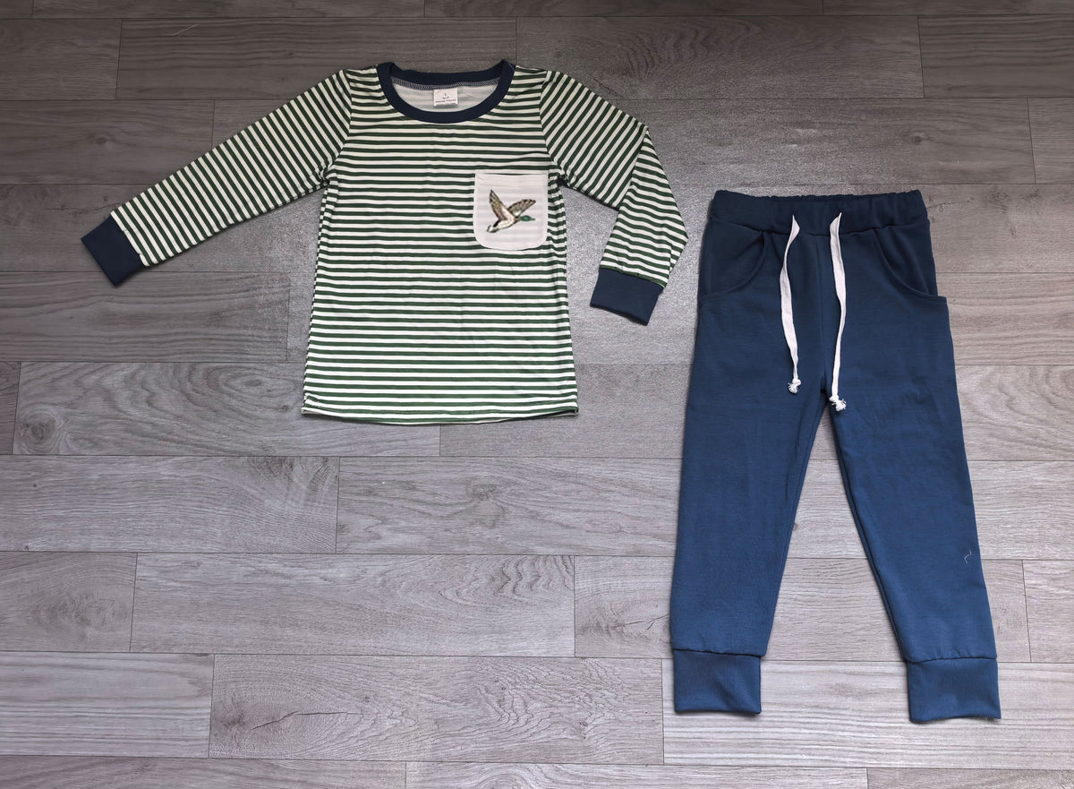 Pre order mallard emrboidery striped pocket shirt navy joggers set