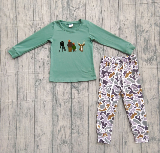 presale BLP1352 Embroidery Deer Baby Boys Hunting Top Camo Pockets Jogger Pants Clothes Sets   D 1204