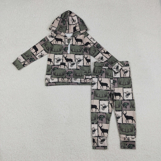 Baby Boys Checked Hoodie And Pants Set with Zip Pockets Deer & Fishes Print Hunting Theme Clothing for Babies