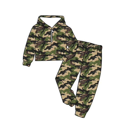 presale BLP1371 Baby Boys Dark Green Camo Zip Pockets Hoodies Pants Hunting Clothes Sets D 1106
