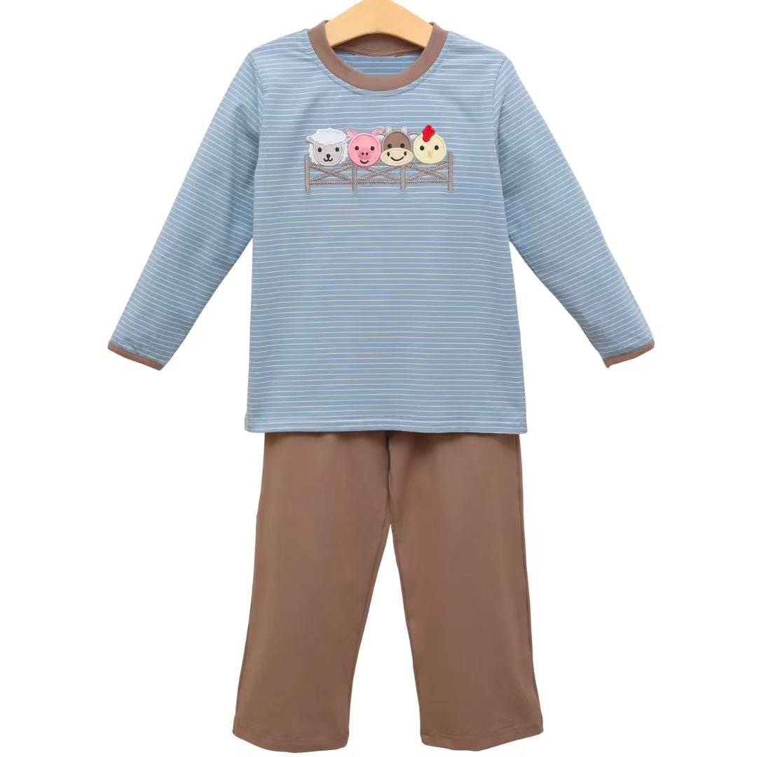 presale BLP1372 Baby Boys Blue Stripe Pigs Cows Top Brown Pants Farm Clothes Sets  D 1106