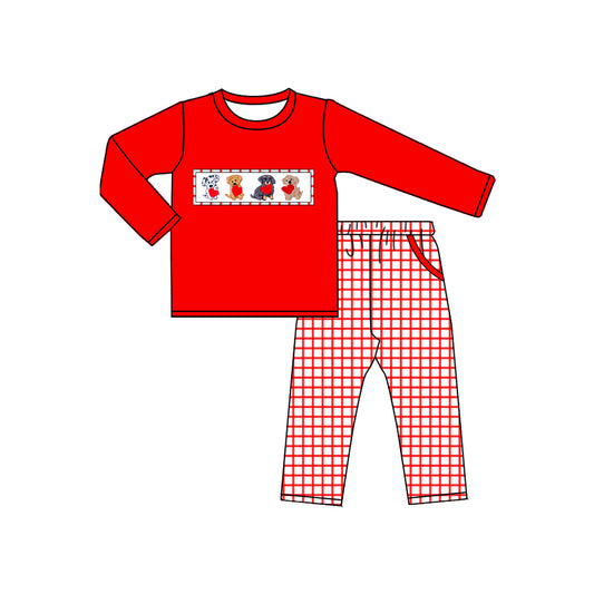 presale BLP1373 Baby Boys Hearts Dogs Top Pockets Checked Pants Valentine Clothes Sets D 1106