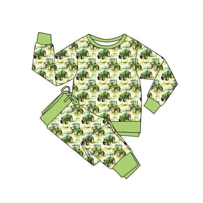 presale BLP1375  Baby Boys Green Trucks Plaid Top Jogger Farm Clothes Sets  D 1115