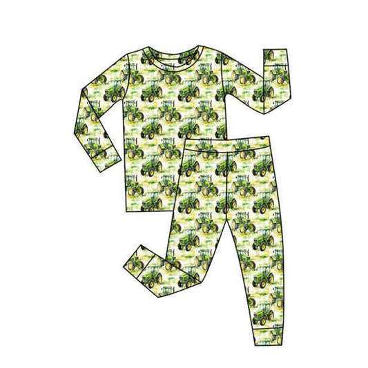 presale BLP1376 Baby Boys Green Trucks Plaid Top Pant Farm Pajamas Sets D 1115