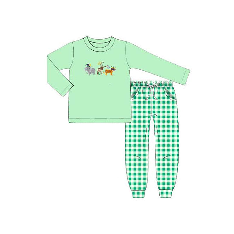 presale BLP1377  Baby Boys Green Animals Top Pockets Checked Jogger Pants Clothes Sets D 1122