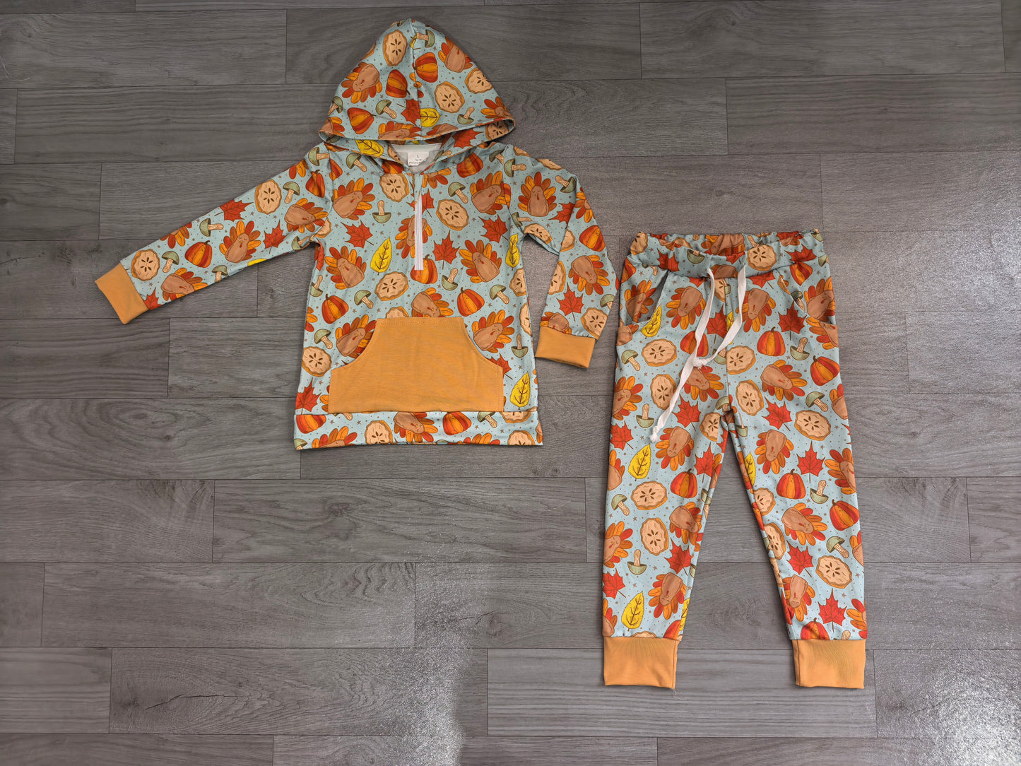 Pre order long sleeve fall leaves turkey print joggers boy outfit