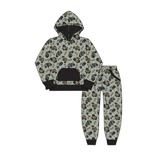 Pre order long sleeve monster truck print hooded joggers boy outfit