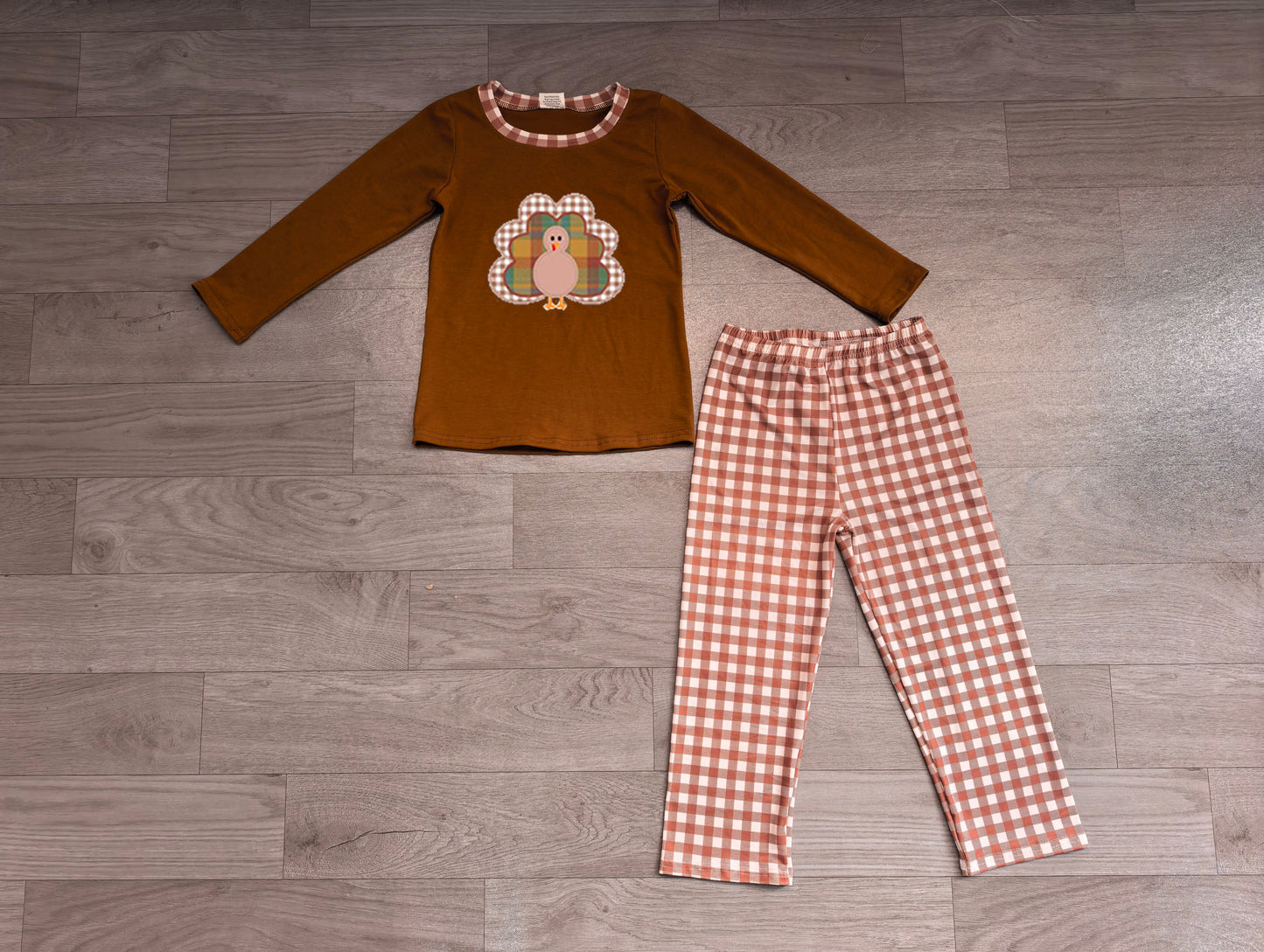 Pre order brown plaid embroidery turkey pants set boy outfit