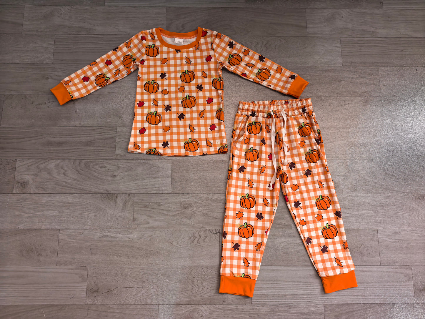 Pre order  orange plaid fall leaf pumpkin sibling clothing